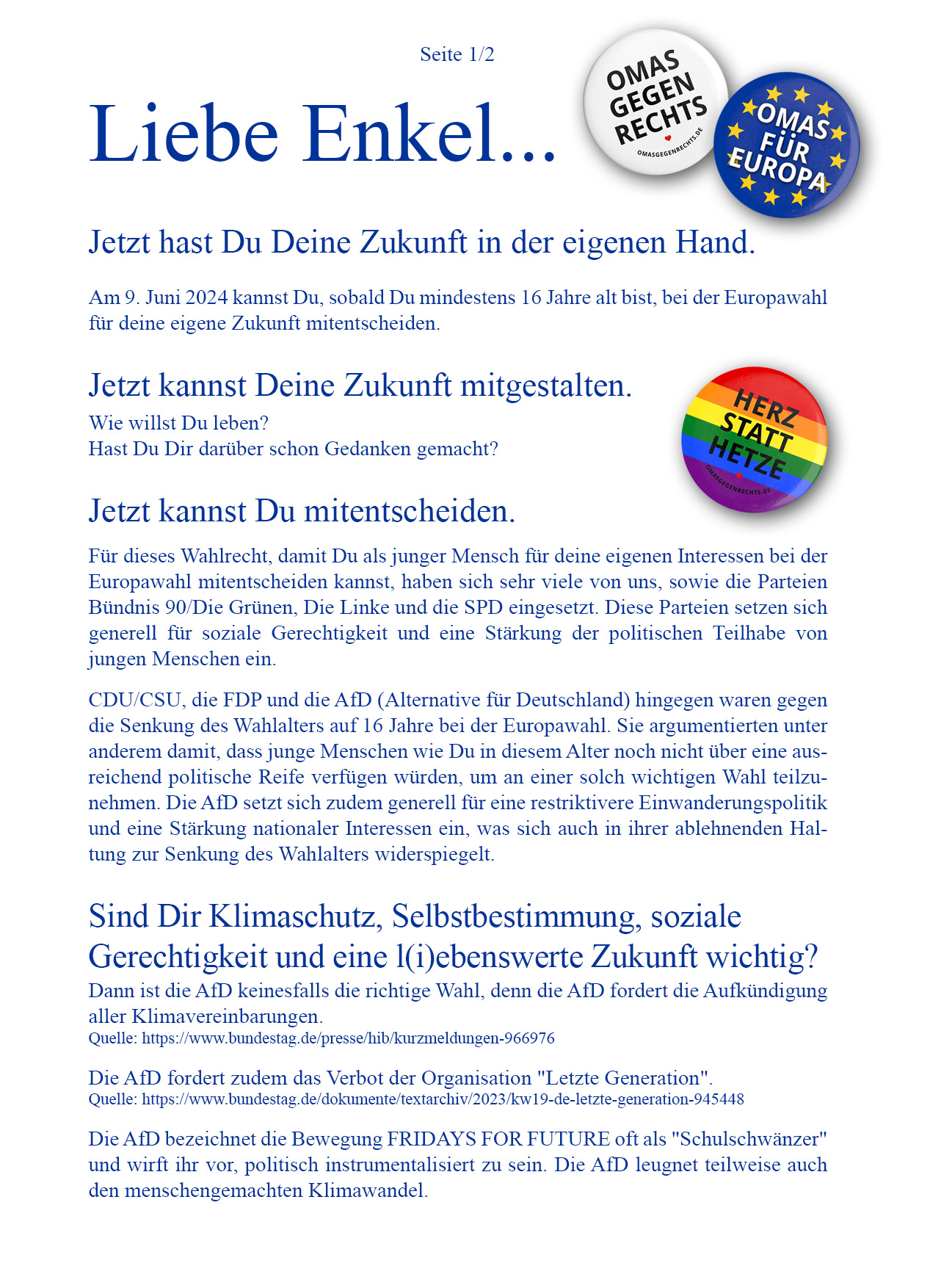 Enkelbrief zur Europawahl am 9.Juni 2024 - Seite 1 von 2 - omasgegenrechts.de - #omasgegenrechts.aktiv